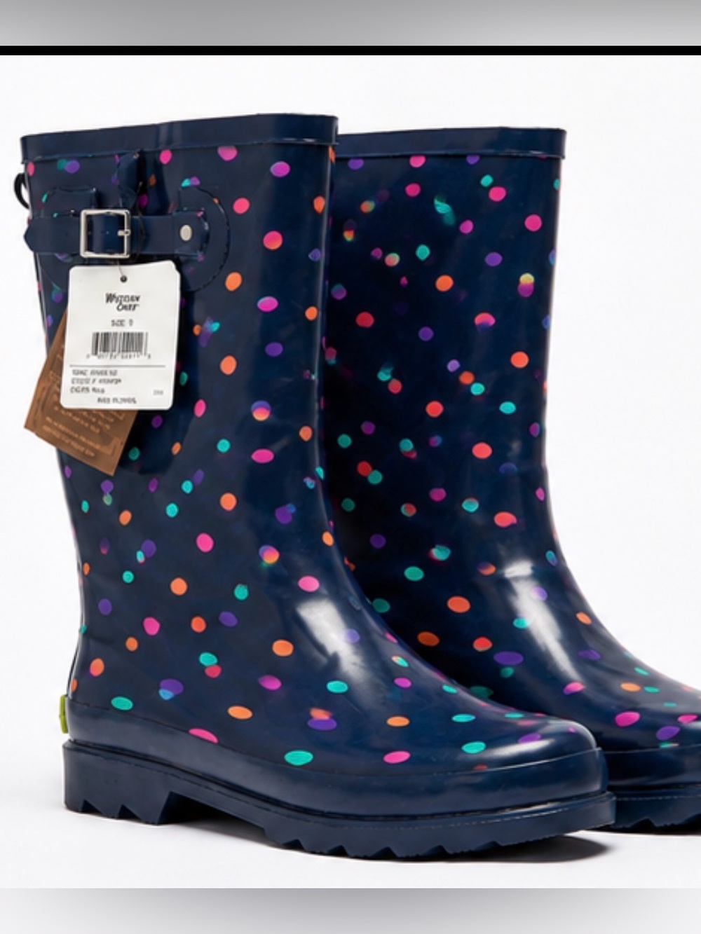 Western Chief Navy Polka Dot Rain Boots with Multicolor Dots